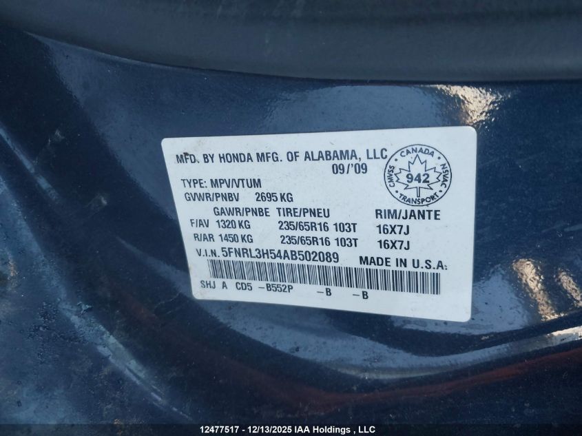 2010 Honda Odyssey Se VIN: 5FNRL3H54AB502089 Lot: 12477517