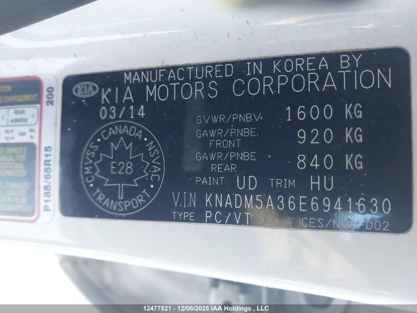 2014 Kia Rio VIN: KNADM5A36E6941630 Lot: 12477521