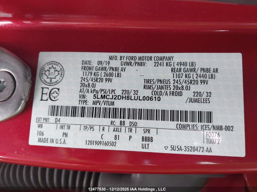 2020 Lincoln Corsair VIN: 5LMCJ2DH8LUL00610 Lot: 12477530