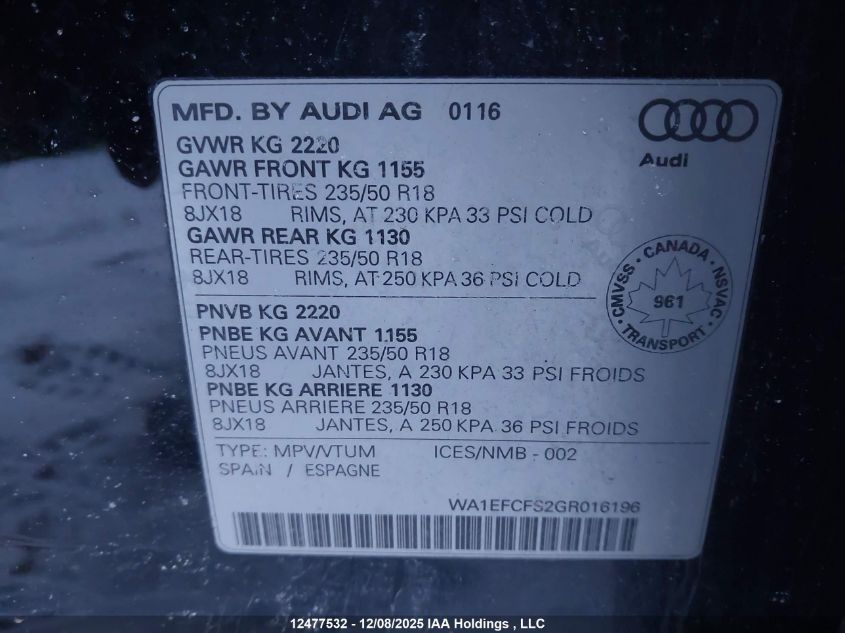 2016 Audi Q3 2.0T Komfort VIN: WA1EFCFS2GR016196 Lot: 12477532