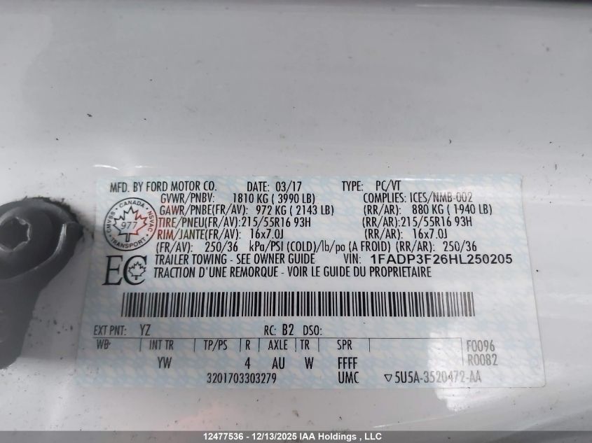 2017 Ford Focus VIN: 1FADP3F26HL250205 Lot: 12477536