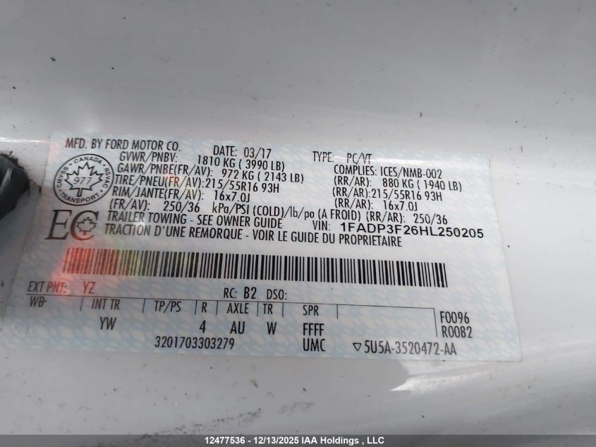 2017 Ford Focus VIN: 1FADP3F26HL250205 Lot: 12477536