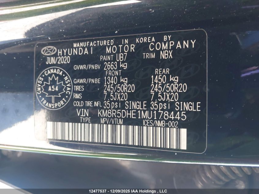 2021 Hyundai Palisade Ultimate Calligraphy VIN: KM8R5DHE1MU178445 Lot: 12477537