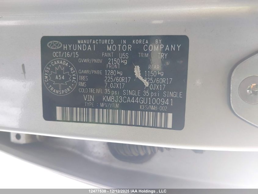 2016 Hyundai Tucson Premium VIN: KM8J3CA44GU100941 Lot: 12477538