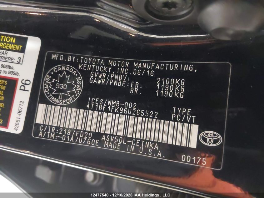 2016 Toyota Camry Le VIN: 4T1BF1FK9GU265522 Lot: 12477540