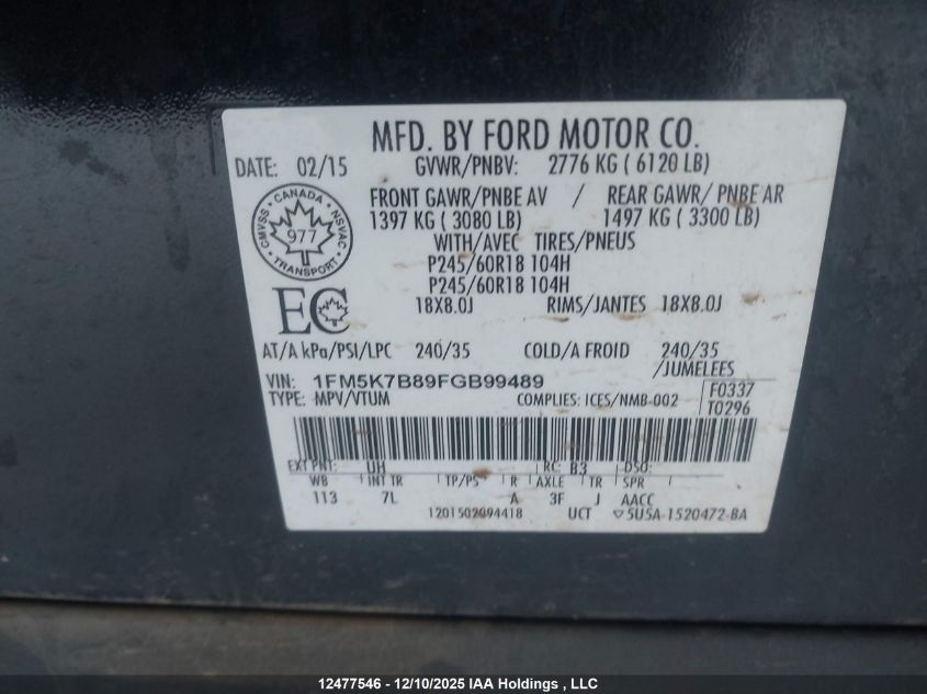 2015 Ford Explorer VIN: 1FM5K7B89FGB99489 Lot: 12477546