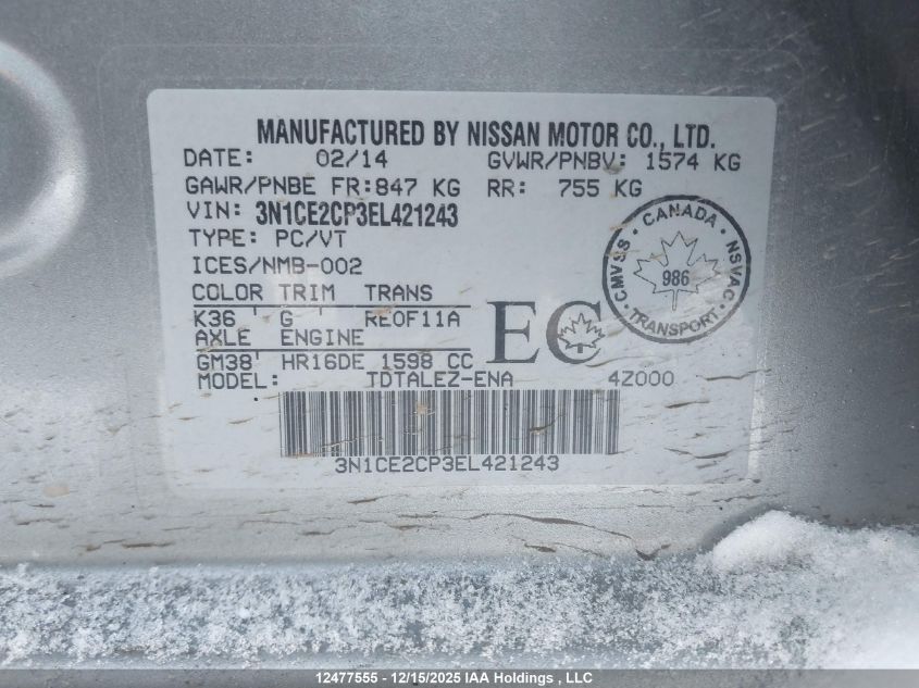 2014 Nissan Versa VIN: 3N1CE2CP3EL421243 Lot: 12477555