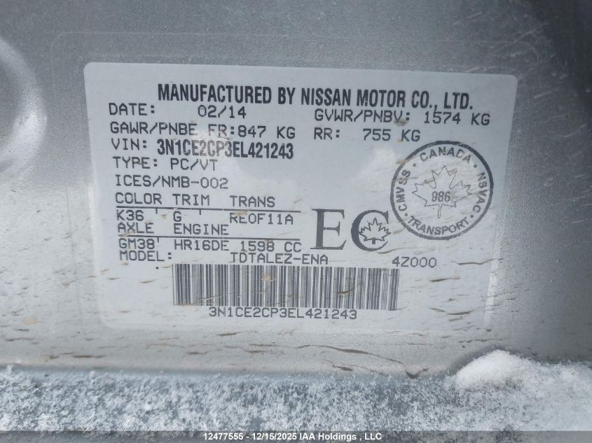 2014 Nissan Versa VIN: 3N1CE2CP3EL421243 Lot: 12477555