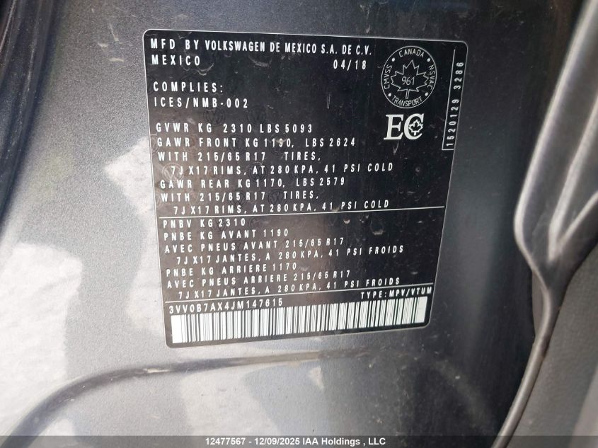 2018 Volkswagen Tiguan VIN: 3VV0B7AX4JM147615 Lot: 12477567