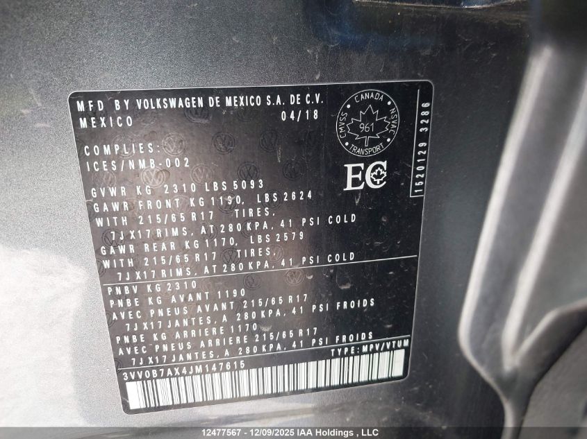 2018 Volkswagen Tiguan VIN: 3VV0B7AX4JM147615 Lot: 12477567