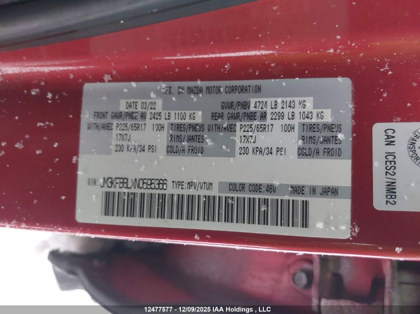 2022 Mazda Cx-5 Gx VIN: JM3KFBBLXN0595366 Lot: 12477577