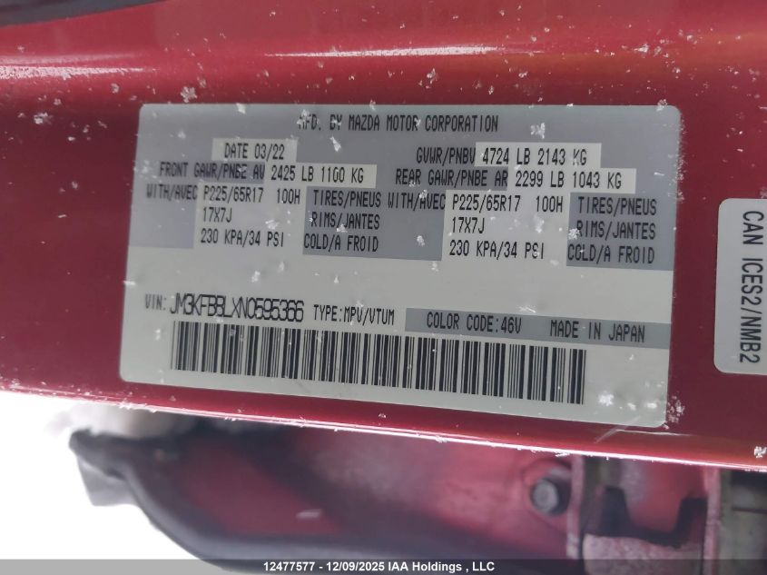 2022 Mazda Cx-5 Gx VIN: JM3KFBBLXN0595366 Lot: 12477577