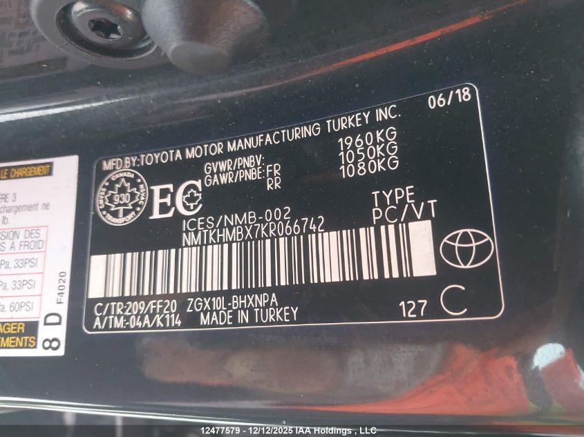 2019 Toyota C-Hr Xle/Le/Limited VIN: NMTKHMBX7KR066742 Lot: 12477579