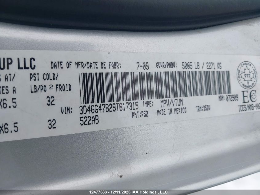 2009 Dodge Journey Se VIN: 3D4GG47B29T617315 Lot: 12477583