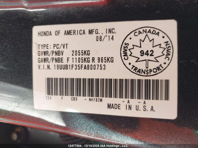 2015 Acura Tlx VIN: 19UUB1F35FA800753 Lot: 12477584