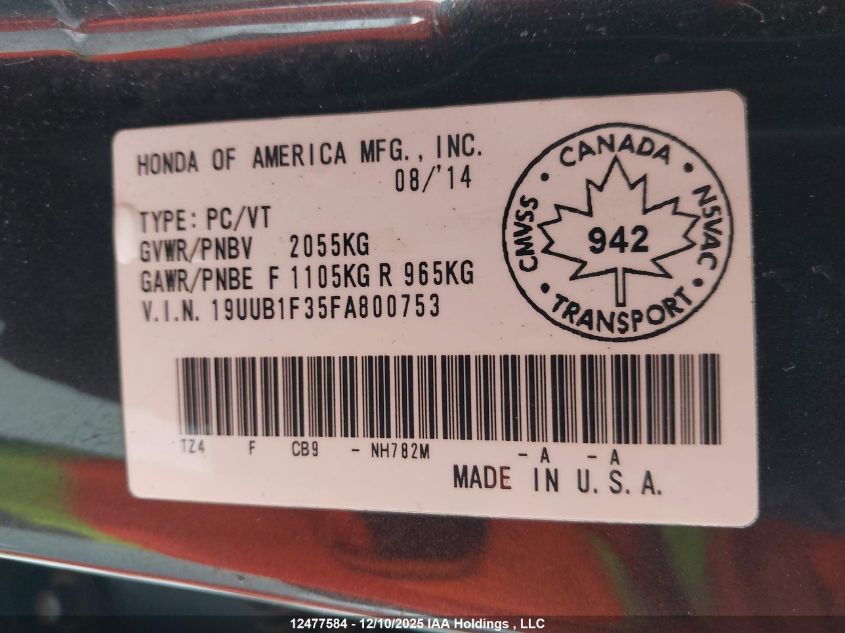 2015 Acura Tlx VIN: 19UUB1F35FA800753 Lot: 12477584