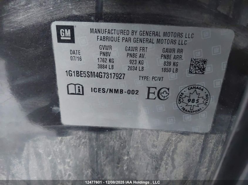 2016 Chevrolet Cruze VIN: 1G1BE5SM4G7317927 Lot: 12477601