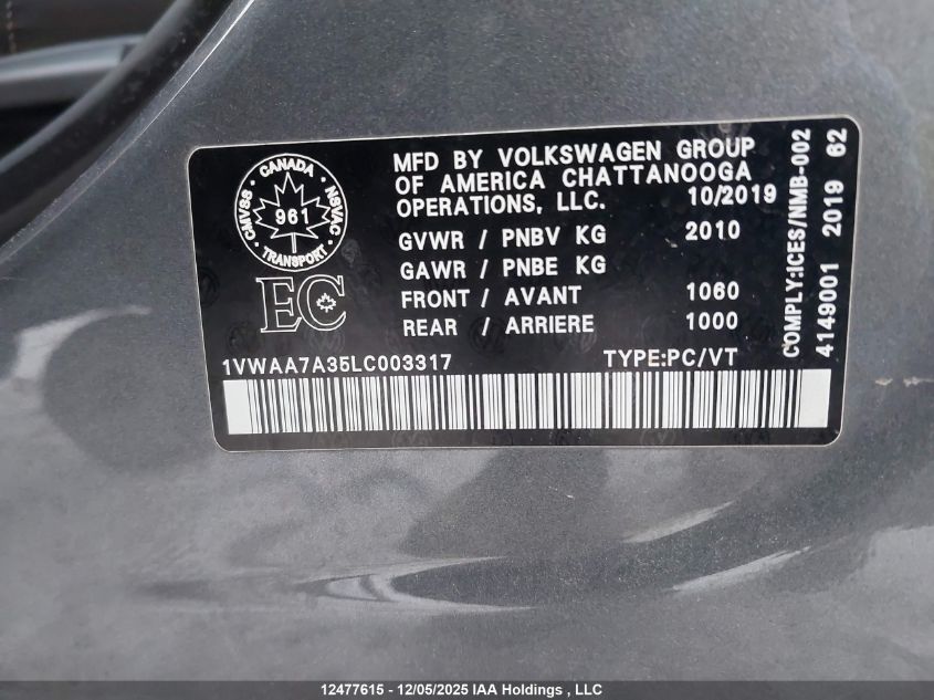 2020 Volkswagen Passat Comfortline VIN: 1VWAA7A35LC003317 Lot: 12477615