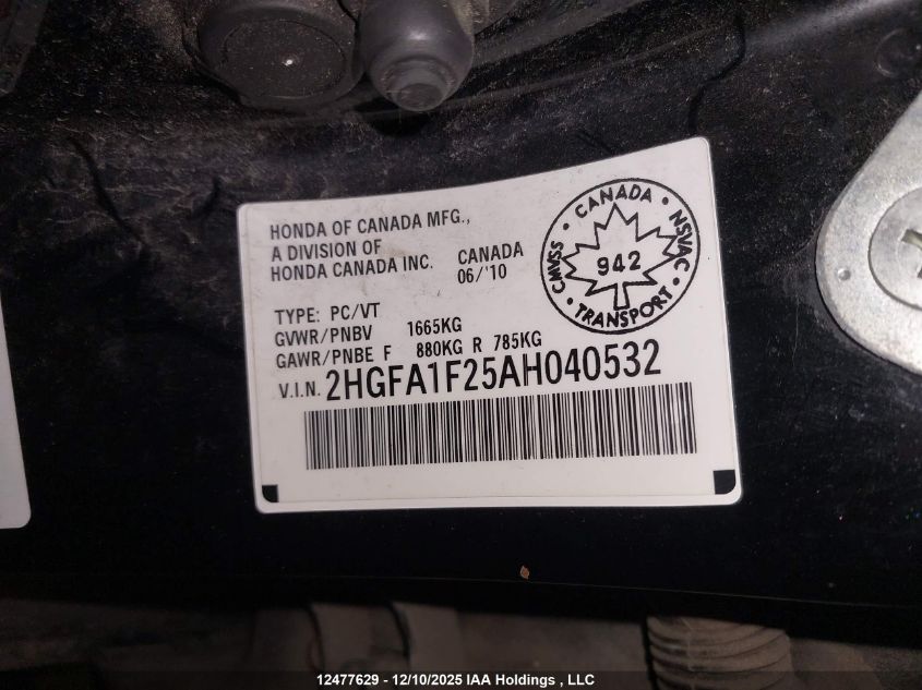 2010 Honda Civic Dx/Dx-A VIN: 2HGFA1F25AH040532 Lot: 12477629