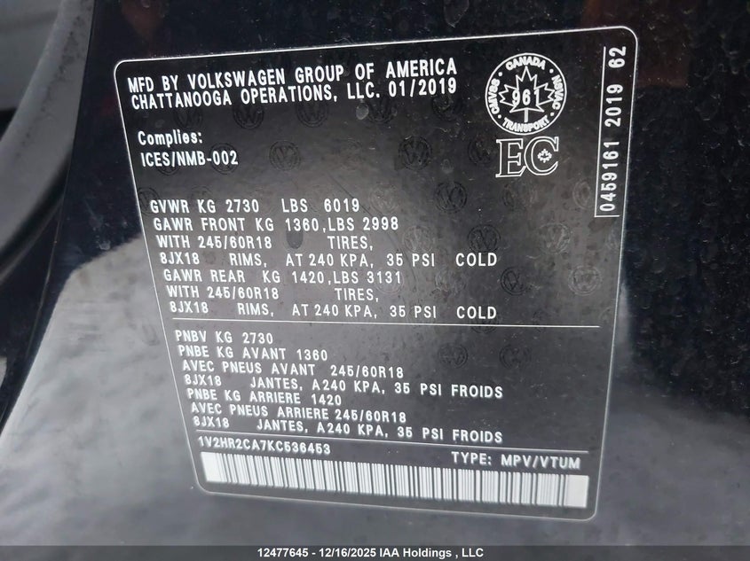 2019 Volkswagen Atlas 3.6 Fsi Trendline VIN: 1V2HR2CA7KC536453 Lot: 12477645