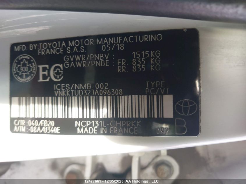 2018 Toyota Yaris L/Le/Se VIN: VNKKTUD32JA096308 Lot: 12477661