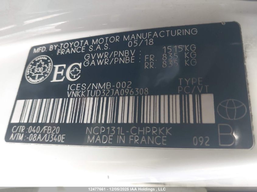 2018 Toyota Yaris L/Le/Se VIN: VNKKTUD32JA096308 Lot: 12477661