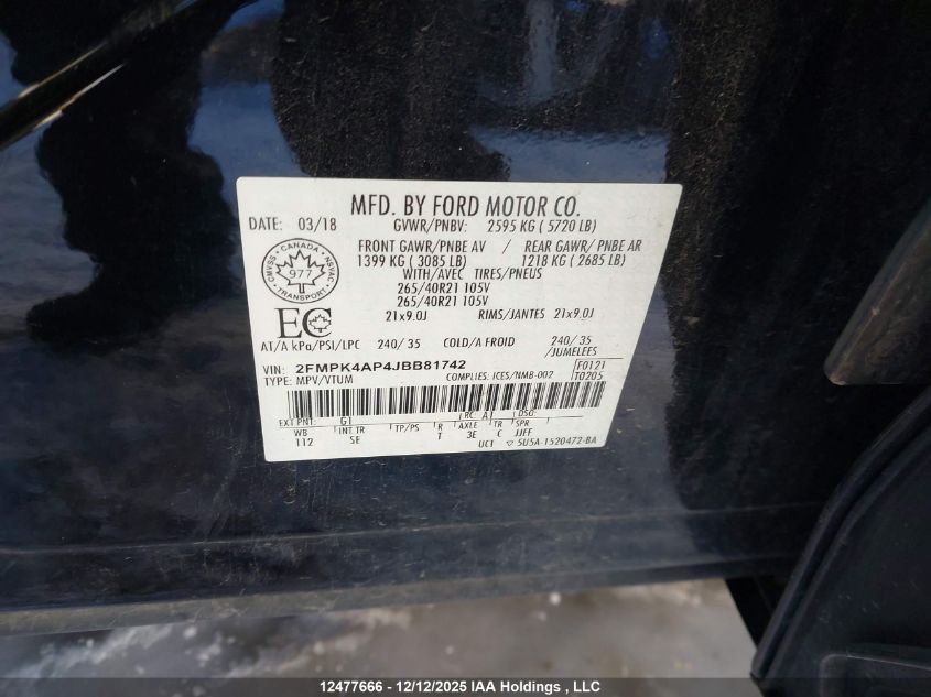 2018 Ford Edge Sport VIN: 2FMPK4AP4JBB81742 Lot: 12477666