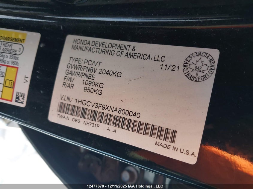 1HGCV3F9XNA800040 2022 HONDA ACCORD photo no. 9