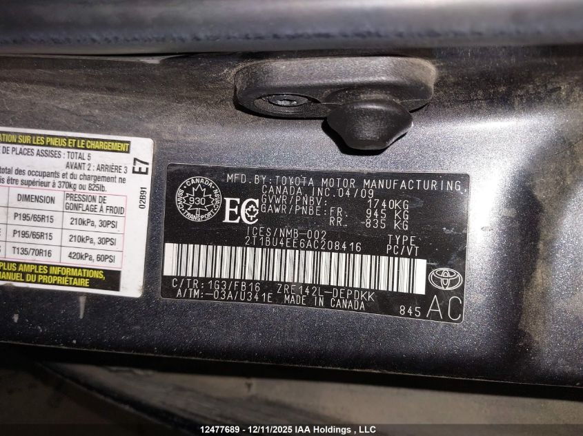 2010 Toyota Corolla S/Le/Xle VIN: 2T1BU4EE6AC208416 Lot: 12477689