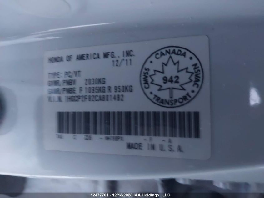 2012 Honda Accord Ex-L VIN: 1HGCP2F82CA801482 Lot: 12477701