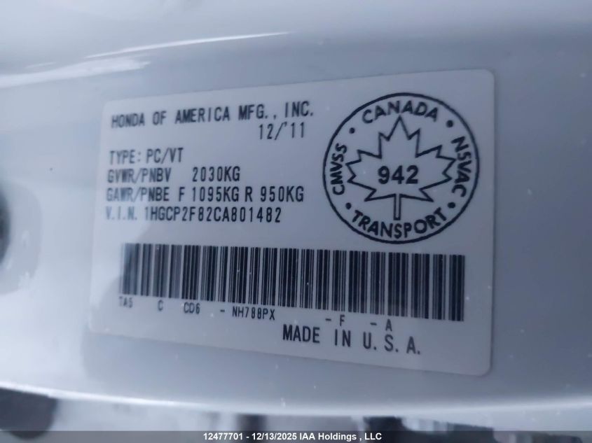 2012 Honda Accord Ex-L VIN: 1HGCP2F82CA801482 Lot: 12477701