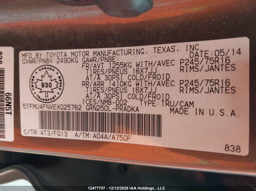 2014 Toyota Tacoma V6 VIN: 5TFMU4FNXEX025762 Lot: 12477707