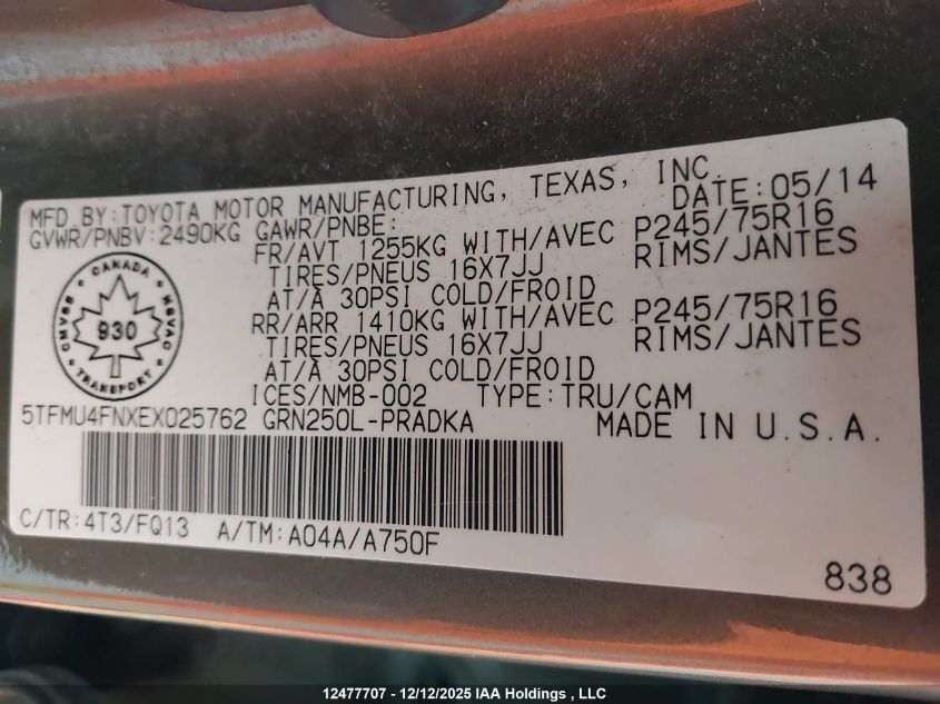 2014 Toyota Tacoma V6 VIN: 5TFMU4FNXEX025762 Lot: 12477707