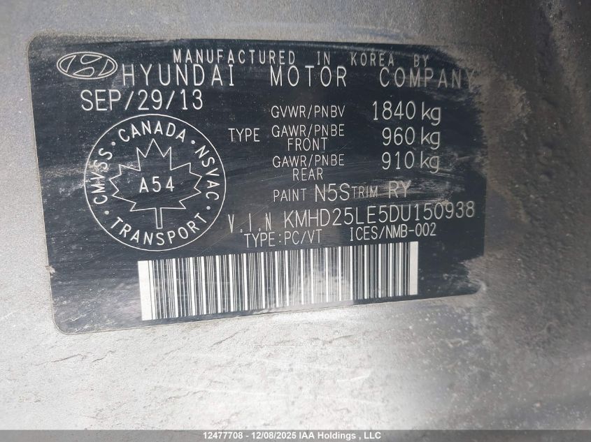 2013 Hyundai Elantra VIN: KMHD25LE5DU150938 Lot: 12477708