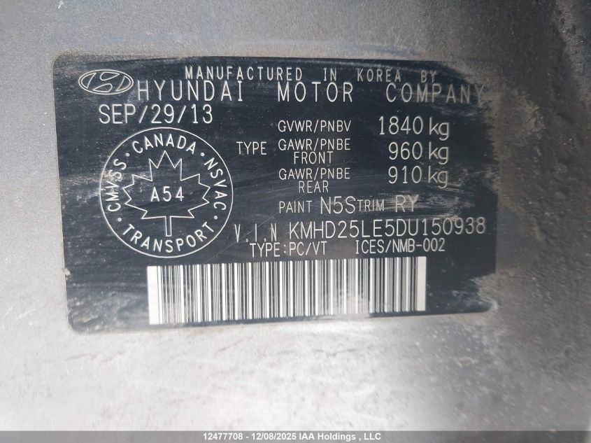 2013 Hyundai Elantra VIN: KMHD25LE5DU150938 Lot: 12477708