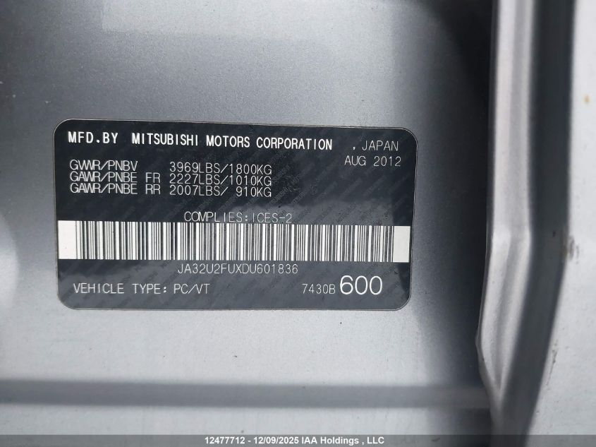 2013 Mitsubishi Lancer VIN: JA32U2FUXDU601836 Lot: 12477712