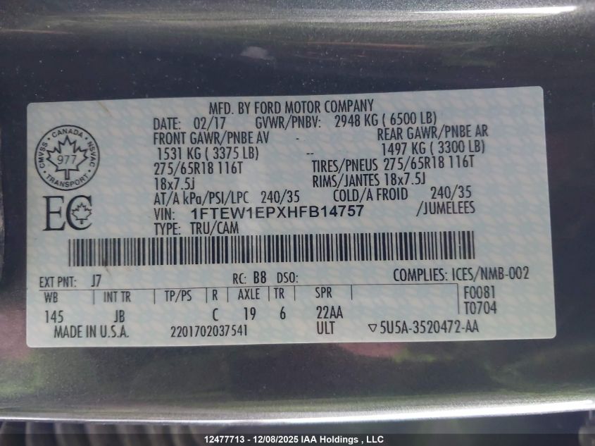 2017 Ford F-150 Xlt VIN: 1FTEW1EPXHFB14757 Lot: 12477713