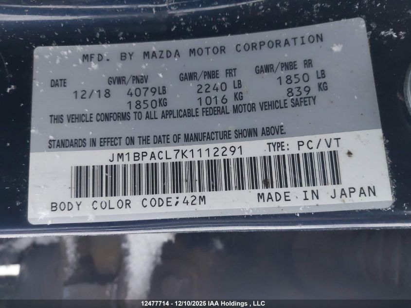 2019 Mazda Mazda3 Gs VIN: JM1BPACL7K1112291 Lot: 12477714