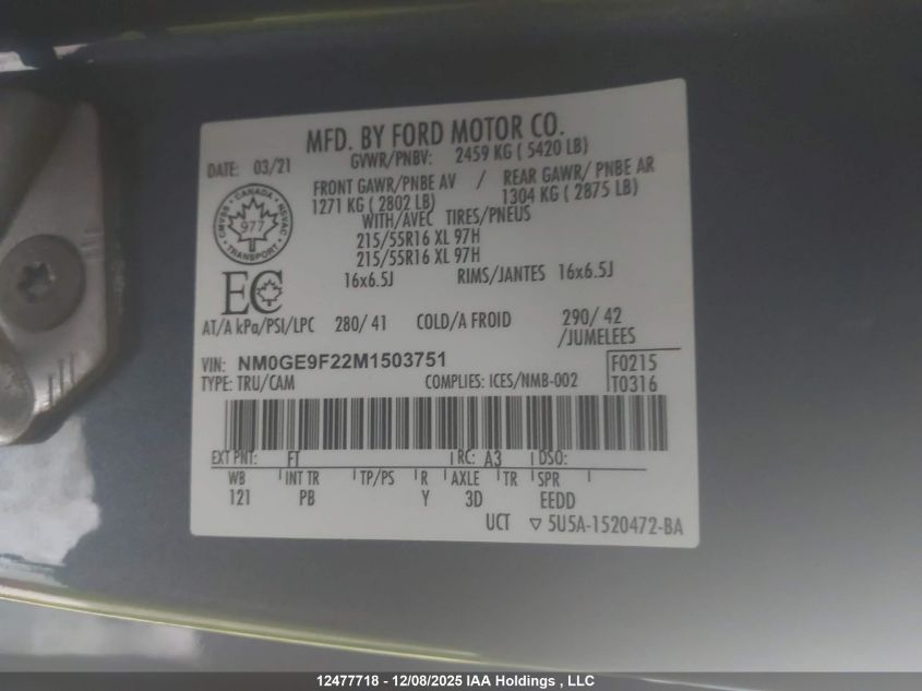 2021 Ford Transit Connect Xlt VIN: NM0GE9F22M1503751 Lot: 12477718