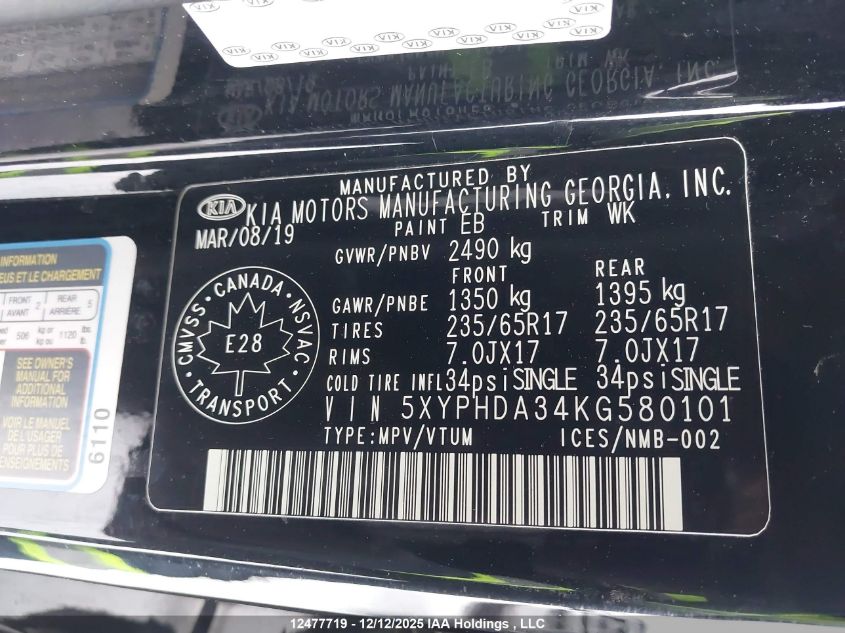 2019 Kia Sorento 2.4L Ex VIN: 5XYPHDA34KG580101 Lot: 12477719