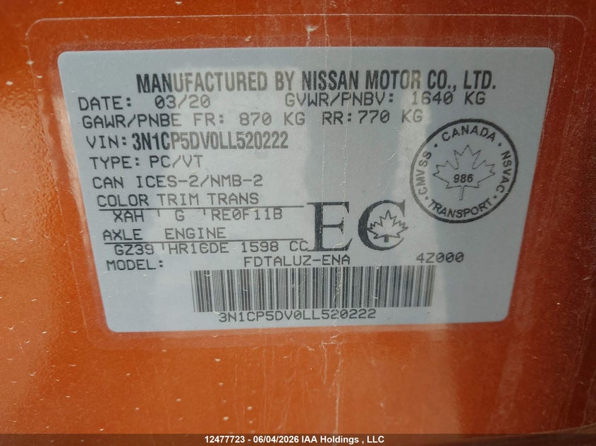 2020 Nissan Kicks Sr VIN: 3N1CP5DV0LL520222 Lot: 12477723