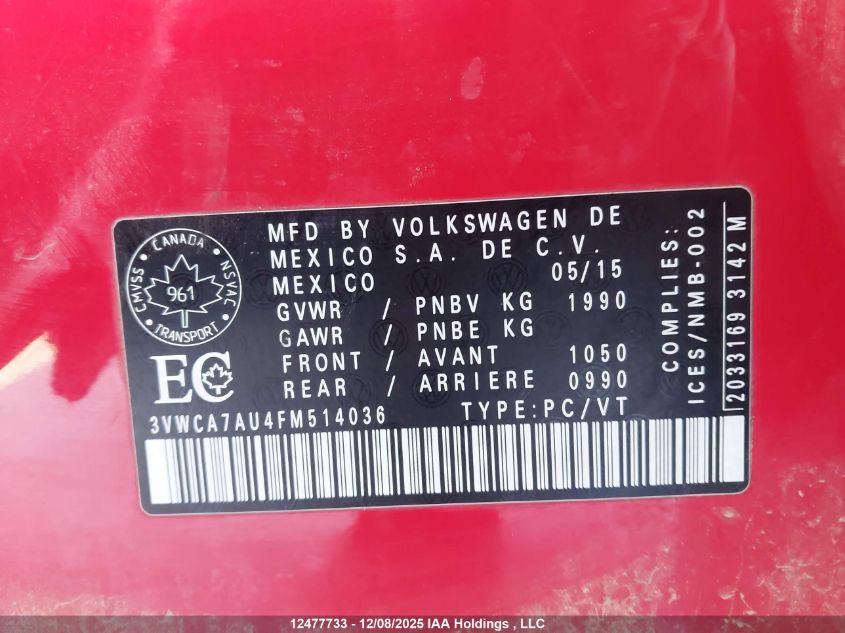 2015 Volkswagen Golf Sportwagon 2.0 Tdi Comfortline/2.0 Tdi Highline/2.0 Tdi Trendline VIN: 3VWCA7AU4FM514036 Lot: 12477733