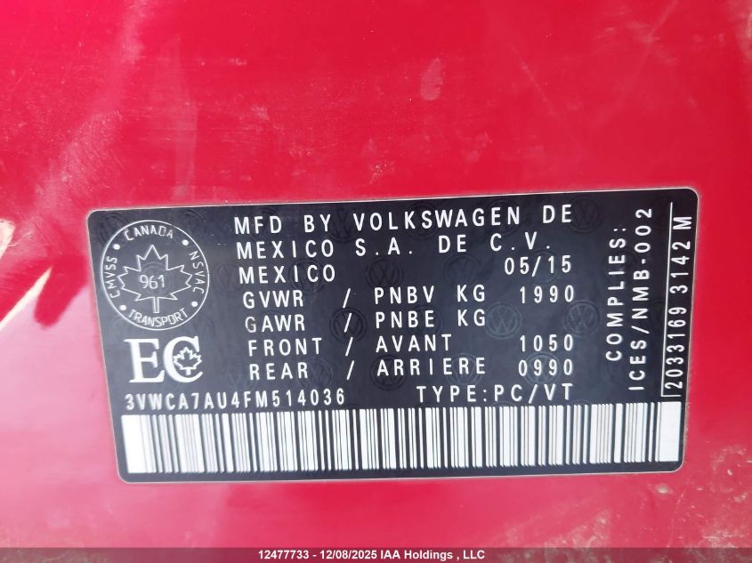 2015 Volkswagen Golf Sportwagon 2.0 Tdi Comfortline/2.0 Tdi Highline/2.0 Tdi Trendline VIN: 3VWCA7AU4FM514036 Lot: 12477733