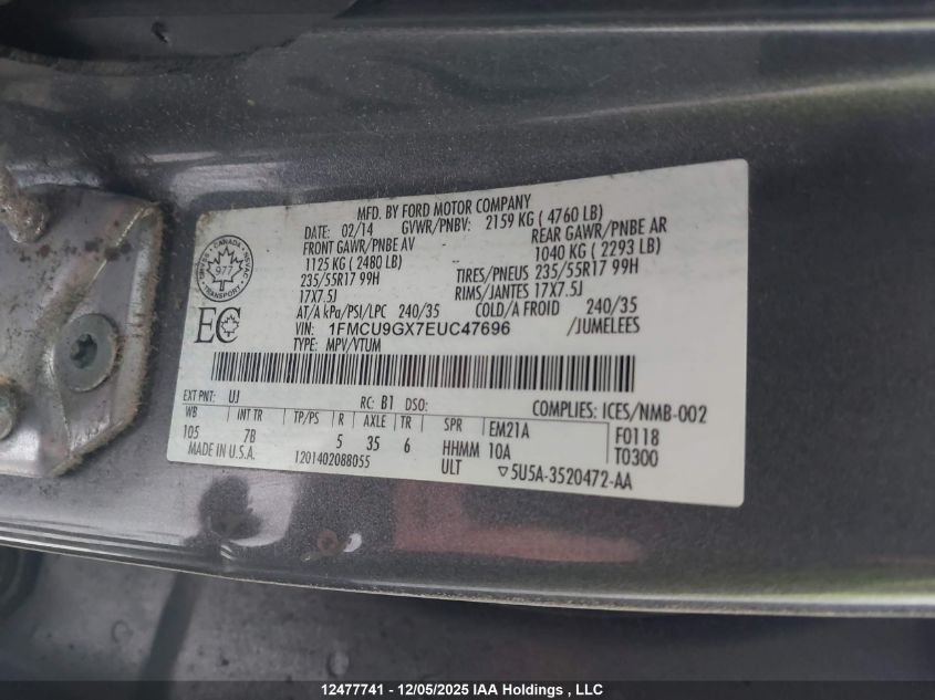 2014 Ford Escape Se VIN: 1FMCU9GX7EUC47696 Lot: 12477741