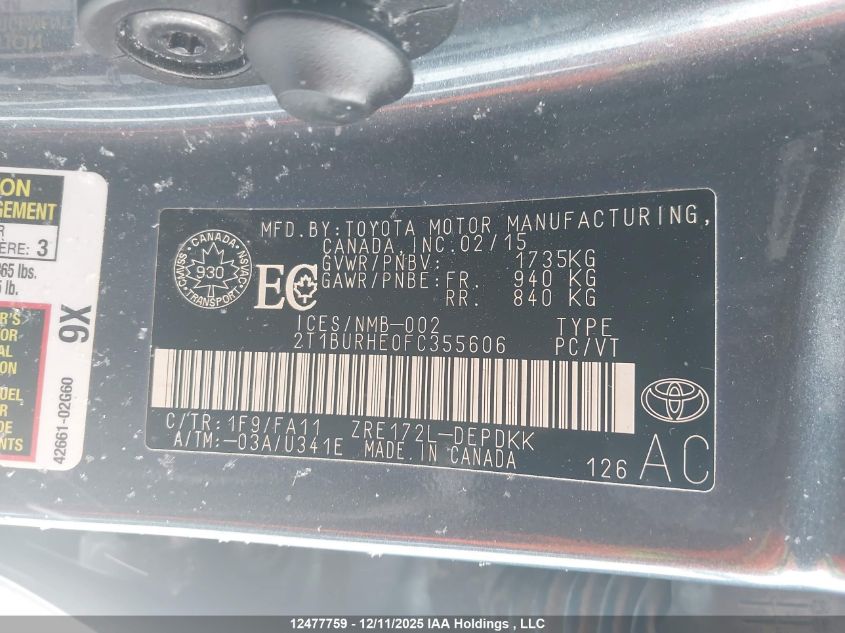 2015 Toyota Corolla Ce VIN: 2T1BURHE0FC355606 Lot: 12477759