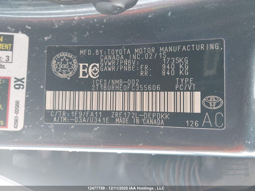 2015 Toyota Corolla Ce VIN: 2T1BURHE0FC355606 Lot: 12477759