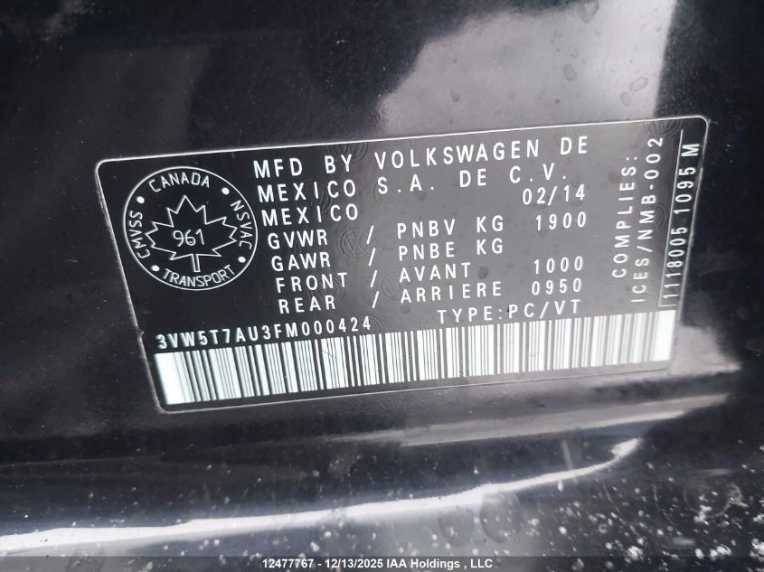 2015 Volkswagen Gti VIN: 3VW5T7AU3FM000424 Lot: 12477767