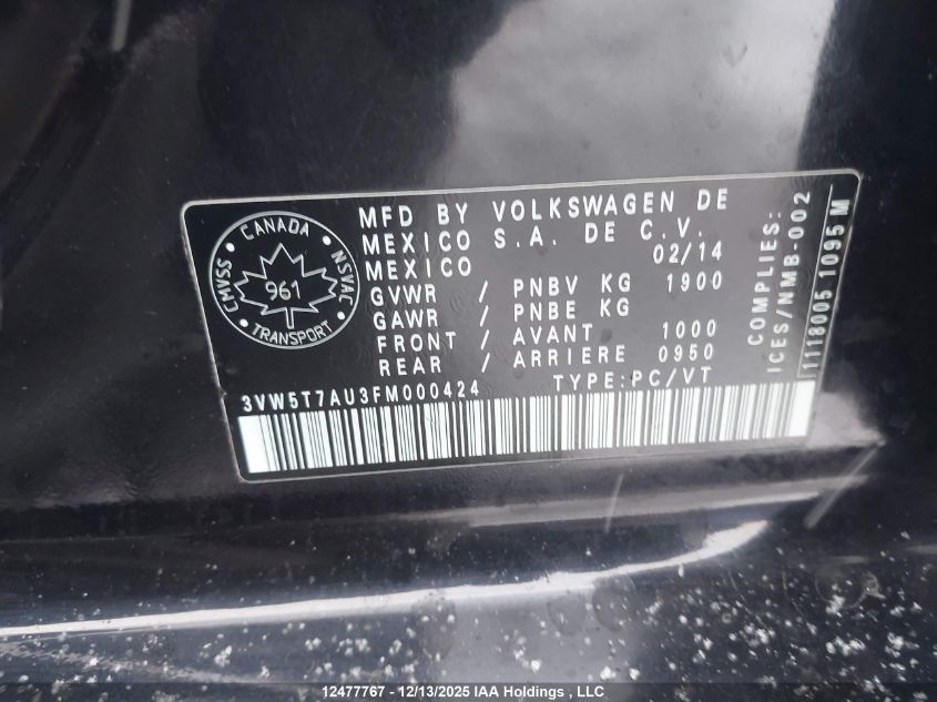 2015 Volkswagen Gti VIN: 3VW5T7AU3FM000424 Lot: 12477767