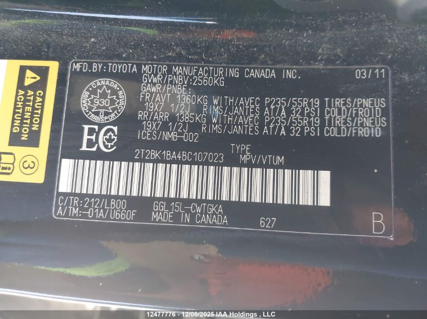 2011 Lexus Rx 350 VIN: 2T2BK1BA4BC107023 Lot: 12477776