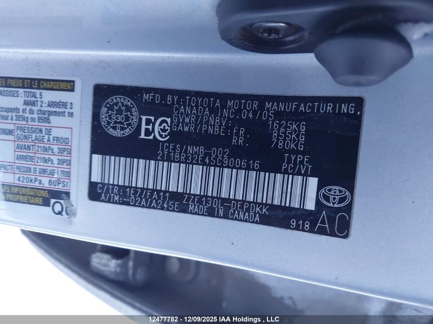 2005 Toyota Corolla Ce/Le/Sport VIN: 2T1BR32E45C900616 Lot: 12477782